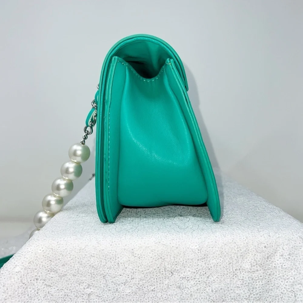 Badgley Mischka Crossbody Purse front quilted pearl studded green